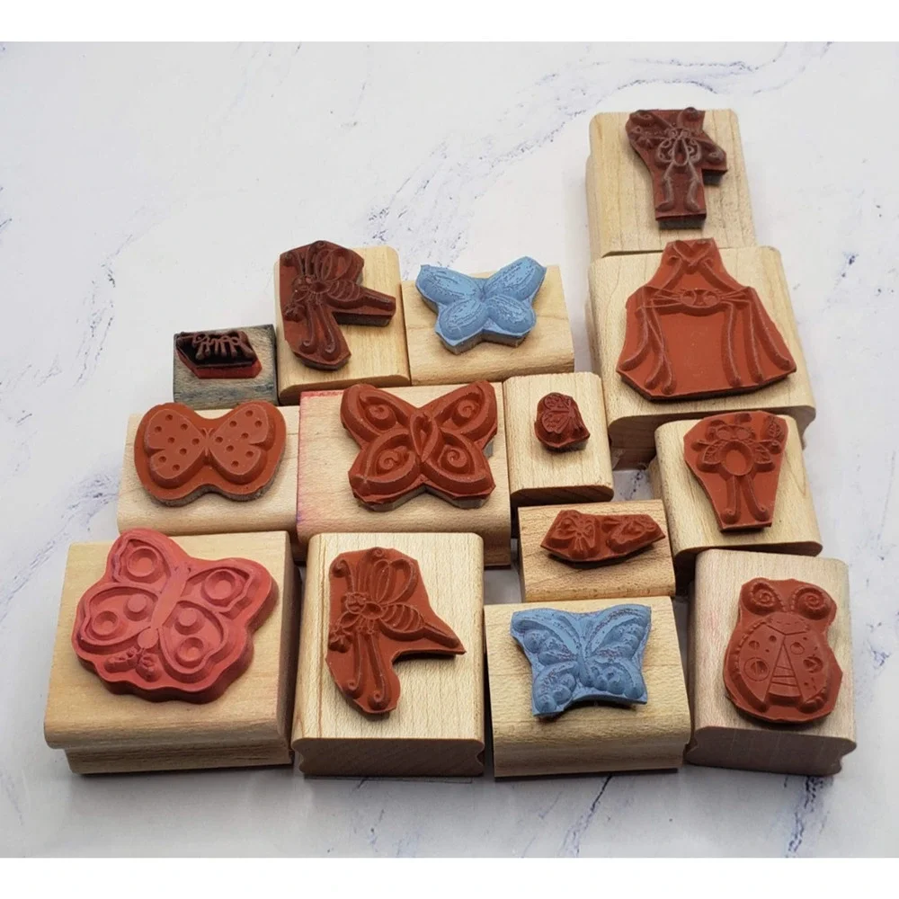 Butterflies and Nature Lot of 14 Small Wood Mounted Rubber Stamps